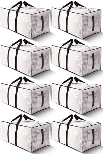 Supports 200lbs Heavy Duty Moving Bags - Strong Zipper & Wrap-Around Handles - Water-Resistant Storage Totes, Durable Alternative to Moving Boxes - 8 Pack - Semi-Transparent
