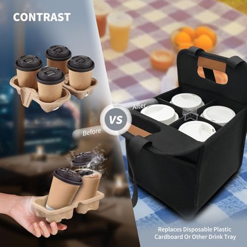 2 Pack Reusable 4 Cup Drink Carrier with Handle and Detachable Dividers, Portable Drink Carrier, Foldable Coffee Cup Holder for Hot & Cold Drinks (Black)