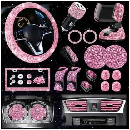 27-Piece 15 Inch Rhinestone Car Interior Accessory Set, Pink