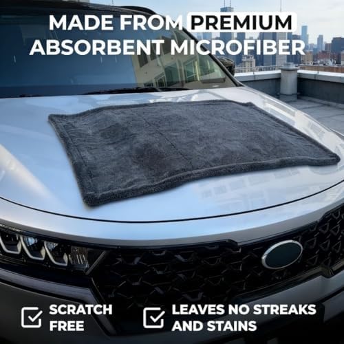 1300GSM Microfiber Car Drying Towel, Double-Twist Loop, Ultra-Absorbent, Quick-Dry, Lint- & Streak-Free, Scratch-Safe, for Car Wash & Detailing (1 Pack) (Dark Grey, 24" x 36")