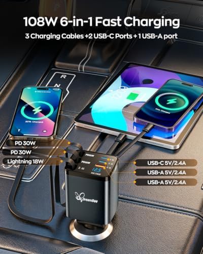 Retractable Car Charger,108W 6 in 1 Super Fast Charge Car Phone Charger with 3 Cords 31.5INCH,Gifts for Men Women Car Truck Accessories for iPhone 18/17/16/15/14/13 Pro Max XR,iPad,Samsung
