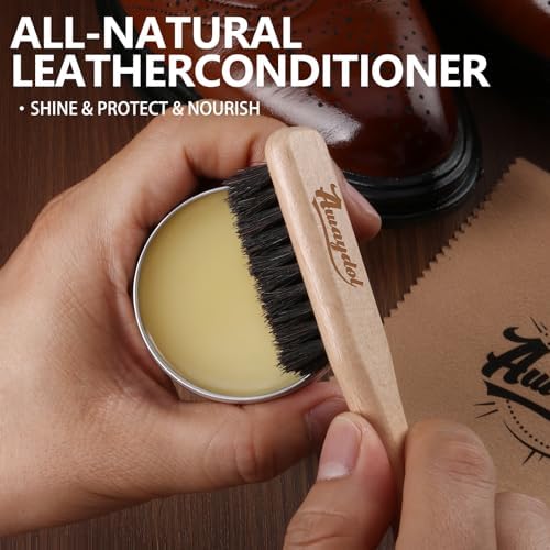 11 PCS Leather Care Kit - Horsehair Brushes,Saddle Soap,Waterproofing Wax,Mink Oil Conditioner,Polishing Cloth,Microfiber cloth,Boot Shoe Shine Cleaning Kit Gift for Men Cowboy Husband Dad