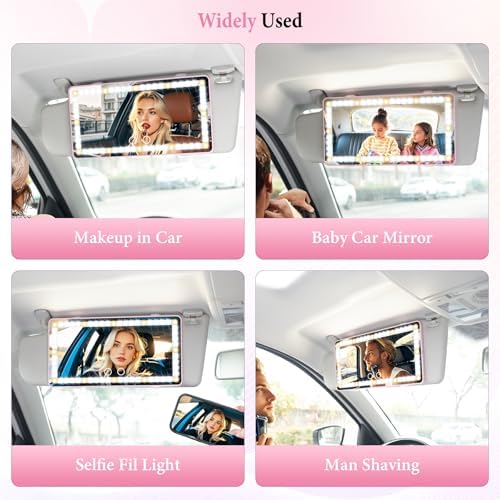 Car Sun Visor Vanity Mirror - Rechargeable Makeup Mirror with 60 LEDs, 3 Light Modes & Dimmable Touch Control for Cars, Trucks, SUVs, Car Interior Accessories for Women (Pink)