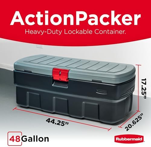 48 Gallon Black Action Packer Lockable Latch Indoor and Outdoor Storage Box Container for Home, Garage, Backyard, Single