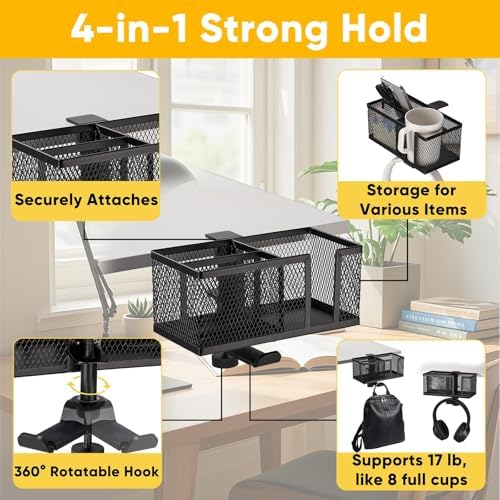 4 in 1 Metal Clip On Cup Holder Attachment for Gaming Desk or Table, Fits up to 40oz Cups, Sturdy and Easy to Clamp, Attachable Anti-Spill Cup Holder for Chair, Bedside, Bottles, Drinks - Black