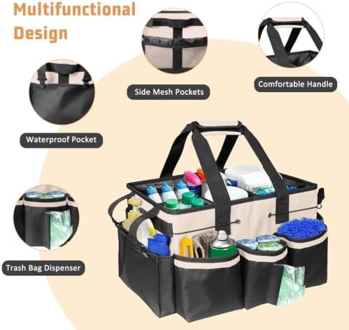 White Cleaning Caddy, Large Cleaning Bag with Handle & Adjustable Shoulder Strap, Tool Bag for Cleaning Supplies Organizer, Multi-Compartment Cleaner Caddy for Home, Car, Garden