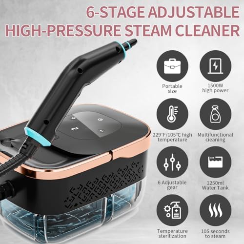 Handheld Steam Cleaner, 4 Bar Pressurized steam cleaner with 11 Accessories,15s Fast Heat-Up & 6-Level Adjustable,1500W Steamer for Cleaning Grout,Grease,Tile, Couch, Car Detailing, Windows & Floors