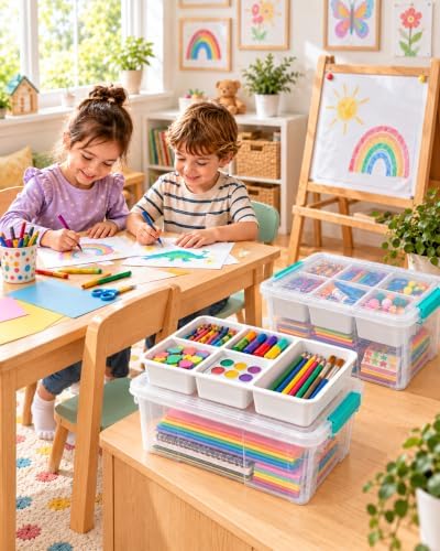 Clear Stackable Storage Organizer Box with Dividers, Multi-Functional Container for Building Blocks, Toys, Crafts and Tools