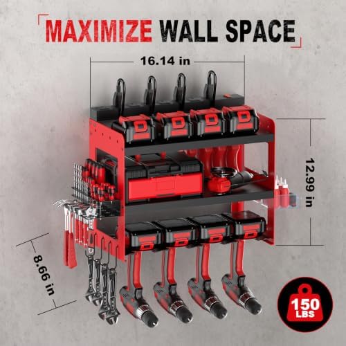 Power Tool Organizer with Charging Station, Wall Mounted 3-Tier Heavy Duty Garage Tool Organizer, 4 Cordless Drill Holders, Battery Storage Shelf, 150 lb Capacity