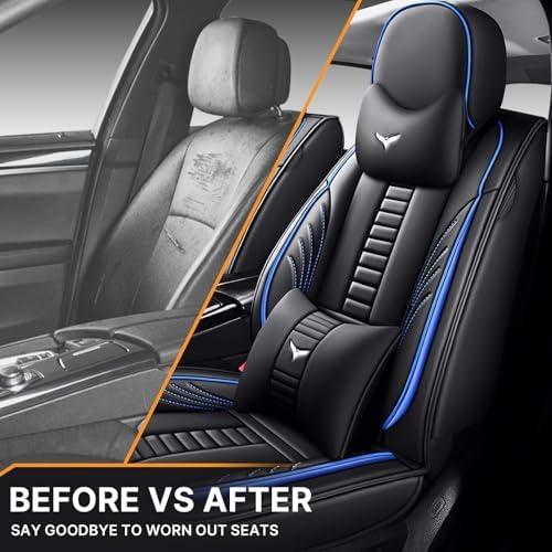 Luxury 2 Seats Car Seat Covers Protectors for Jeep Wrangler Unlimited 2019-2025, Back Storage Bag Design & Headrest Pillow & Lumbar Support Black & Blue Line