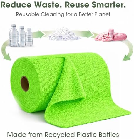Microfiber Cleaning Cloth Roll - 100 Pack Tear Away Microfiber Paper Towels, Reusable, Washable, Scratch-Free, Kitchen Towels for Car, Home, Kitchen, Glass, Dishes (Neon Green)