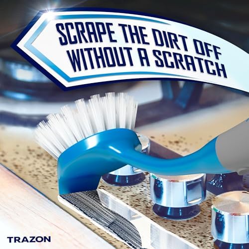 Dish Brush Set of 4 - Kitchen Scrub Brushes with Non-Slip Long Handle for Cleaning, Scrubber, Dishwashing, Dishes, Bottles, Straws, Cups, Pots & Sink, Blue