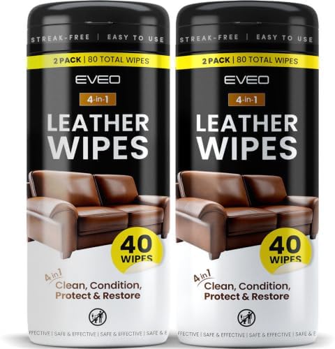 Leather Wipes 4-in-1 Leather Cleaner and Conditioner for Furniture - Leather Couch Cleaner, Car, Shoes & Purses – UV Protection, XL Moistened Wipes Restore & Protect – 2 Pack (80 Wipes)