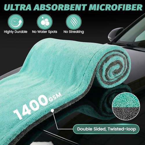 Dual Sided Microfiber Towels (48"x 24") Extra Large Ultra Absorbent Drying Towel for Cars,Trucks; Without Streaks, Scratches, or Water Spots Double-Twist Pile & Edgeless Design (Aqua blue-Gray)