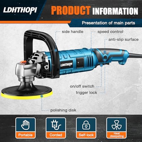 Buffer Polisher, 1600W 7 Inch/6 Inch Rotary Buffer Polisher Waxer, 7 Variable Speed 1000-3500 RPM, Detachable Handle for Car, Boat Sanding, Polishing, Waxing, 2026 Upgraded