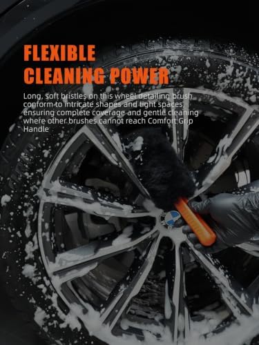Car Wheel Brush, Wheel and Rim Cleaning Brush, Soft Natural Bristle Detailing Tool for Tires, Exhausts & Delicate Surfaces, Wheel Cleaner Brush to Safely Clean Brake Dust, Grime and Dirt, 2 Pack