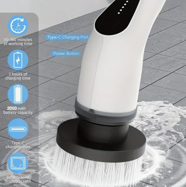 HomeBeyond Electric Spin Scrubber, 5-Speed Power Spin Cleaner with 8 Replaceable Brush Heads, IPX7 Waterproof, Adjustable Extension Handle, Large Battery for Bathroom, Shower, Tile, and Floor Cleaning
