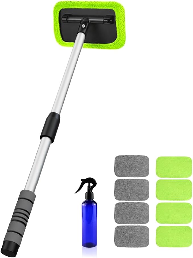 XINDELL Windshield Cleaner Tool – Car Window Cleaning Tool 27inch Extendable Long Handle for Easy Cleaning, 9pcs Reusable Microfiber Pads, Streak-Free Interior & Exterior Auto Glass Cleaner (Green)