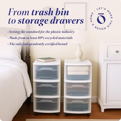 Drawer Tower, 3-Tier Storage Cart with Removable Wheels, White Frame