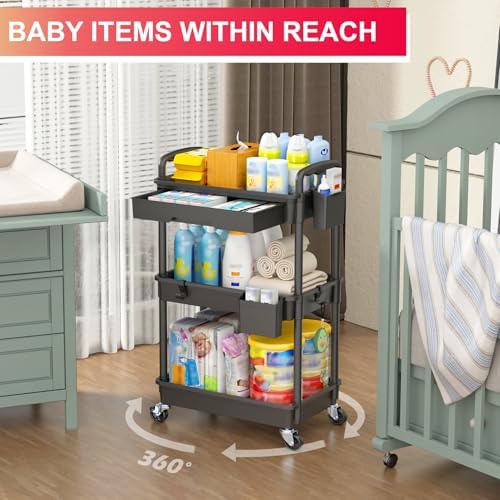 3 Tier Rolling Utility Cart Organizer with Removable Drawer, Black