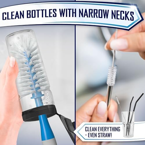 Dish Brush Set of 4 - Kitchen Scrub Brushes with Non-Slip Long Handle for Cleaning, Scrubber, Dishwashing, Dishes, Bottles, Straws, Cups, Pots & Sink, Blue