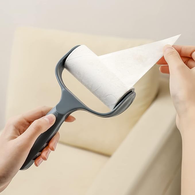 Flat Sticky Lint Roller for Couch Desk Chair Dog/Cat Bed Balliard Table Lint Roller for Pet Hair Lint Remover T Shape Handle with 4 Refill Rolls (Navy Black)