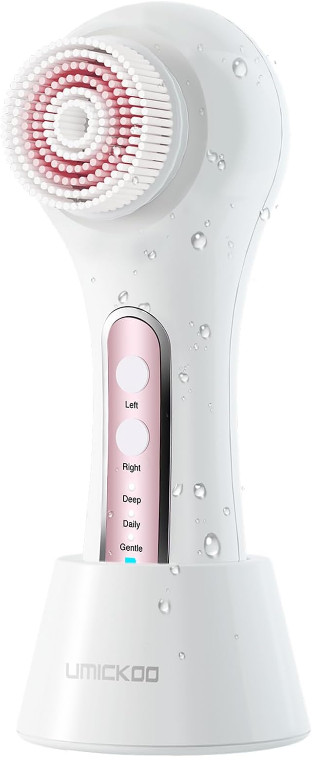 UMICKOO Electric Facial Cleansing Brush, 2-Way Rotating Face Scrubber for Daily & Deep Cleaning, 3 Modes, 5 Brush Heads, Rechargeable, IPX7 Waterproof for All Skin Types