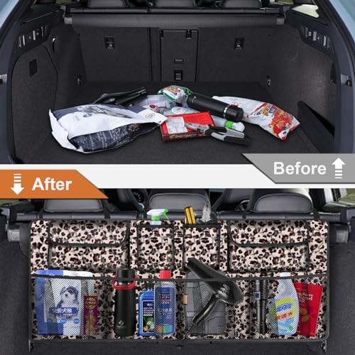 Car Trunk Organizer, Super Capacity Backseat Car Organizer for SUV/Truck/MPV, Hanging Car Storage Organizer with 8 Pocekts, Car Accessories for Women and Men- Leopard print