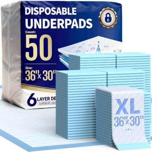 Ultra Thick Bed Pads, 36x30 in, 6-Layer,Leakproof, 50-Pack