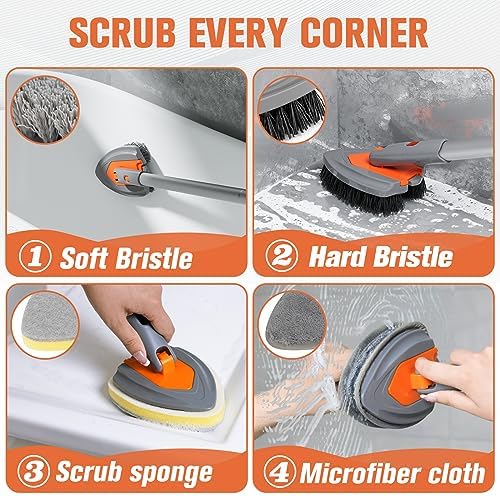 4-in-1 Long-Handled Tub Scrubber-Versatile Bathroom Cleaning Brush with Shower Scrubber-Ideal Shower Cleaner Brush for Efficient Cleaning-Long Handle Scrub Brush for Shower, Tub, and Bathroom