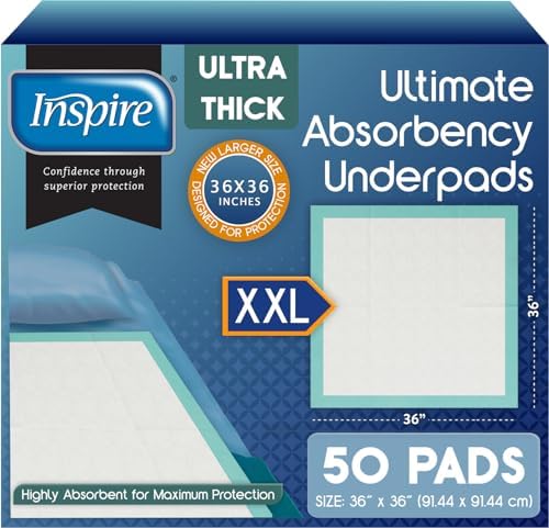 Super Absorbent Disposable Bed Pads for Chronic Incontinence Ultra Thick and Absorbent Bed Pads Disposable Adult | Pee Pads for Adults (36" X 36" Pack of 50) XX Large