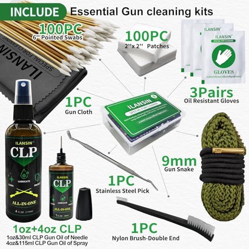 Bore Cleaner CLP Oil Needle+Spray,Gun Cleaning Kit for 12Ga / 5.56 / 9mm Gun Cleaning Snake,Gun Cleaning Supplies with Gun Cleaning Patches,6'' Gun Cleaning Swabs,Gun Brushes,Picks,Jag,Tip