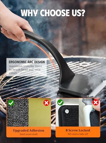 Grill Brush Bristle Free, Grill Cleaner Brush with 5 BBQ Replacement Head for Cast Iron, Stainless Steel Grates, Safe Grill Scraper Outdoor BBQ Grill, Black