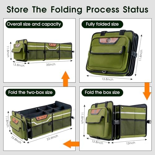Car Trunk Organizer for SUV, Heavy Duty Waterproof Trunk Organizer, Foldable Collapsible Car Organizer with Cooler, Multi-Compartment Large Trunk Organizer (95L), Green-M003
