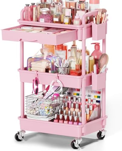 Rolling Makeup Organizer Cart with Removable Drawer, 3 Tier Pink