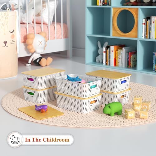 6 Pack Plastic Storage Baskets with Bamboo Lids for Organization