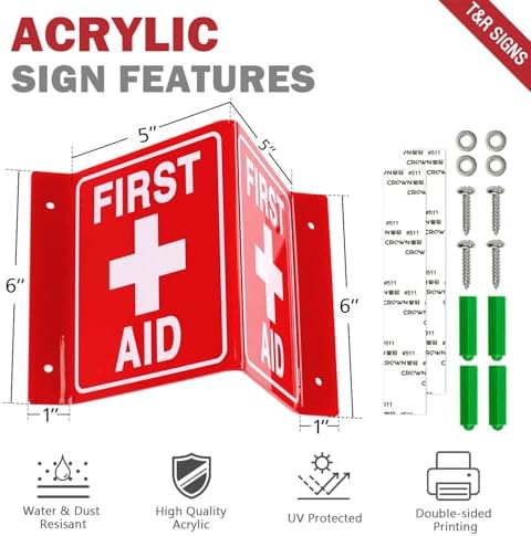 First Aid Sign, First Aid with Cross Symbol - 4 Pack - 8 x 6 Inches Acrylic, 4 pre-drilled holes, Includes Matching Screws, Use for Office/Business