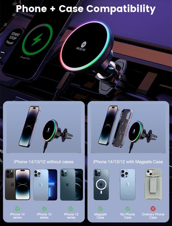 For Magsafe Car Mount Charger 15W LED RGB Car Phone Holder for Dash Vent