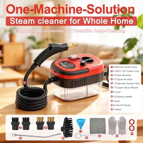 Steam Cleaner, Portable Pressurized Steamer for Cleaning with 14pcs Accessories, 6-Level Adjustable and 15s Heat-Up, Handheld Steam Cleaner for Home, Tile, Dirt, Grout, Grease, Car Detailing(Red)