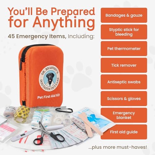 Dr Brahmsy’s Pet First Aid Kit for Dogs and Cats - Vet-Approved Essential Survival and Emergency Supplies for Home, Travel, Camping, Hiking - Rugged Water-Resistant Hard Case - 45-Piece Set