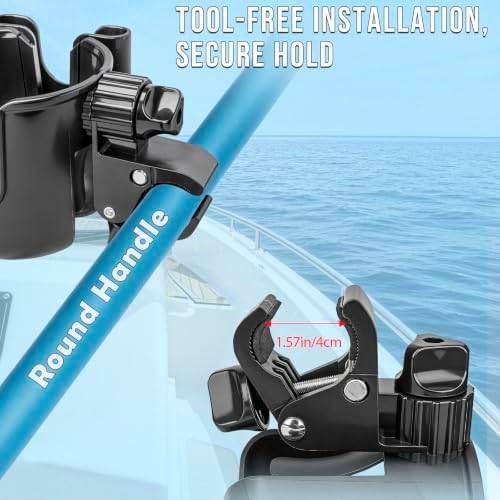 Boat Rail Cup Holder 2 Pack, No-Drill Clamp-On Marine Cup Holders 360° Adjustable for Pontoon Boat, Bimini Top, Grab Bar, PWC, Jet Ski, Fits Round & Square Rails 15-40mm, Boat Gifts for Men