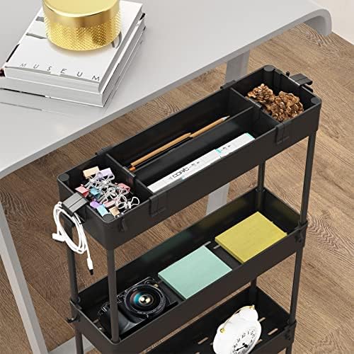 Slim Storage Cart 4 Tier,Bathroom Organizer Rolling Utility,Mobile Shelving Unit Slide Out for Office, Kitchen, Laundry Room & Narrow Places,Black