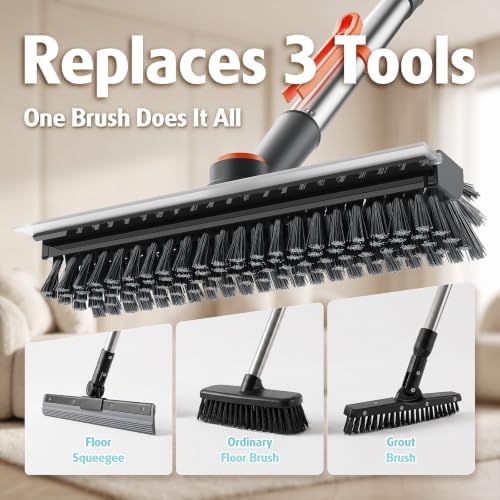 Floor Scrub Brush with Long Handle, 4 in 1 Floor Scrubber & Squeegee