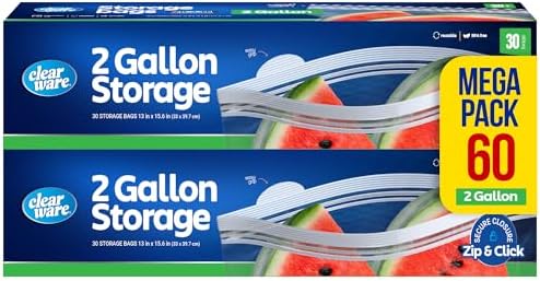 2 Gallon Storage Bags, Double Zipper Seal - 60 Count, Resealable Thick Plastic Food Storage Bags, Zero BPA - Resealable Containers for Lunch, Snacks, Meals - 2 Boxes