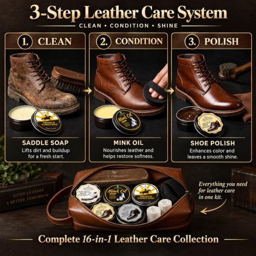 Shoe Care Kit – 16-in-1 Leather Shoe Polish, Cleaning & Conditioning Kit with Saddle Soap & Mink Oil – Black/Brown/Neutral Shoe Polish, 3 Horsehair Brushes – Premium Storage Bag – Gift for Men & Women