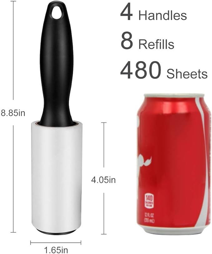 Lint Roller for Pet Hair - 480 Sheets, 4 Handles & 8 Refills, Easy-Peel Diagonal Cut, Strong Adhesive for Clothes, Furniture, Car, Dog & Cat Hair Remover