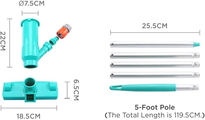 POOLWHALE Portable Pool Vacuum Jet Underwater Cleaner W/Brush,Bag,6 Section Pole of 56.5"(No Garden Hose Included),for Above Ground Pool,Spas,Ponds & Fountains