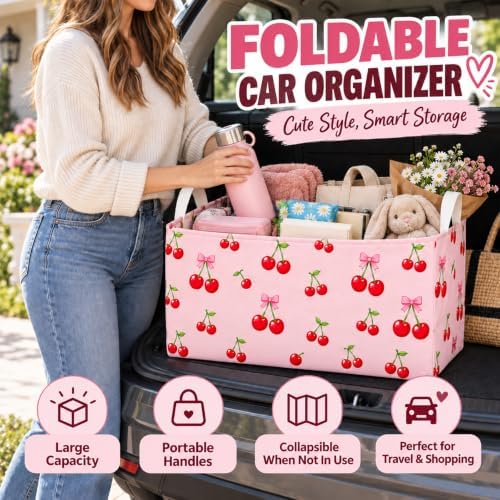 Hydrangea Car Trunk Organizer, Foldable Auto Storage Basket with Handles