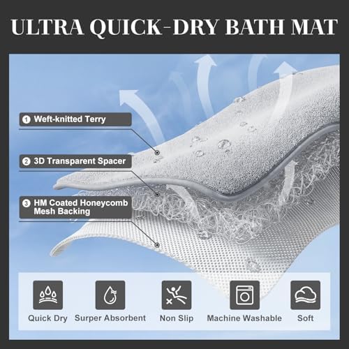 Super Absorbent Bath Mat, Low-Profile Bathroom Rug, Breathable Quick Dry Bathroom Mats for Floor, Machine Washable Thin Bath Rug for in Front of Sink Bathtub,Outside Shower,Grey, 20"x31"