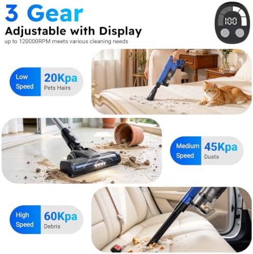 60 KPA Cordless Vacuum Cleaners for Home, 2 x 5000mAh Portable Stick Vacuum Cordless Rechargeable,Anti-Tangle Brush, Smart Display, Lightweight Wireless Vacuum for Pet Hair Hardwood Floors Carpet